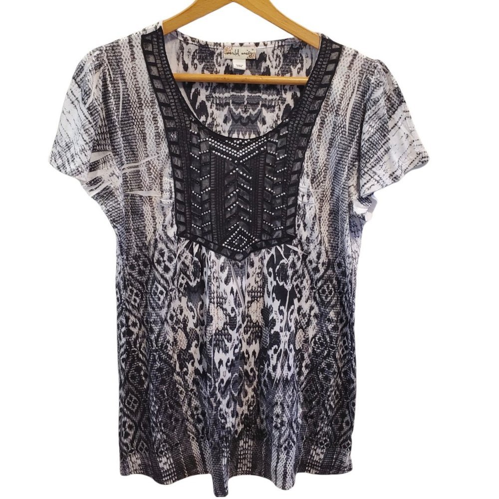 World Unity Women's Bohemian Tunic Top M Black White Stretch‎ Beaded Studded Y2K